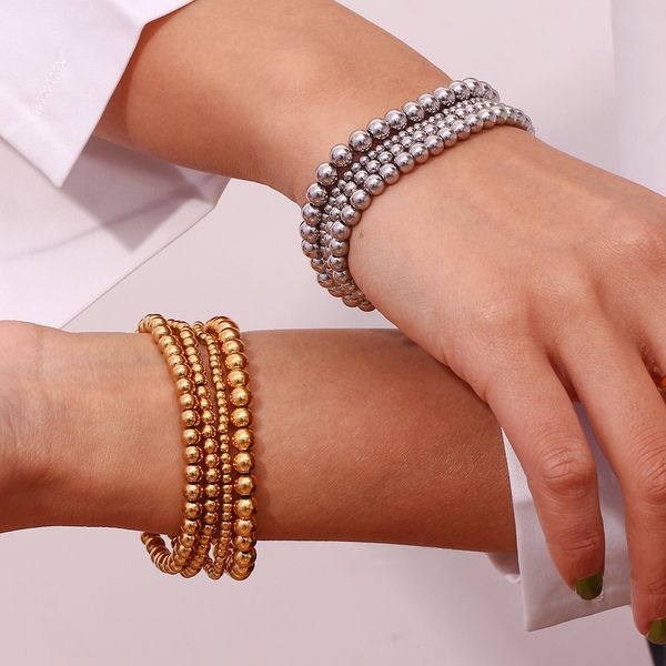 

men women jewelry bracelets strand beaded stainless steel 18k gold round ball beads bracelet 3/4/5/6mm handmade elastic bracelets, Black