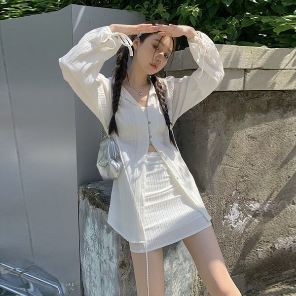 

women's two piece pants stsvzorr fashion suit women's longsleeved laceup sunscreen shirt summer high waist pleated skirt 2piece se, White