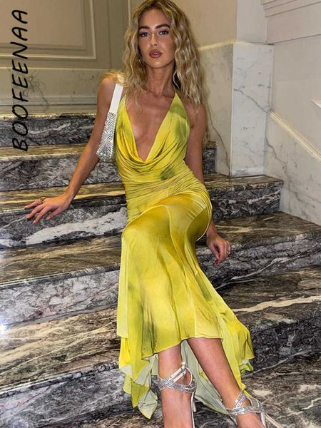 

party dresses boofeenaa ruffle halter cowl neck backless maxi for woman 2023 summer vacation outfits yellow print dress c15-ec41 y2303, White;black