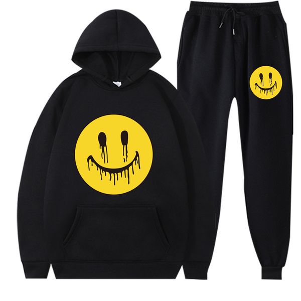 

fashion yellow print smiley face men's women's tracksuits housess sports casual sweater hoodie set pants street fashion sweater si, Gray