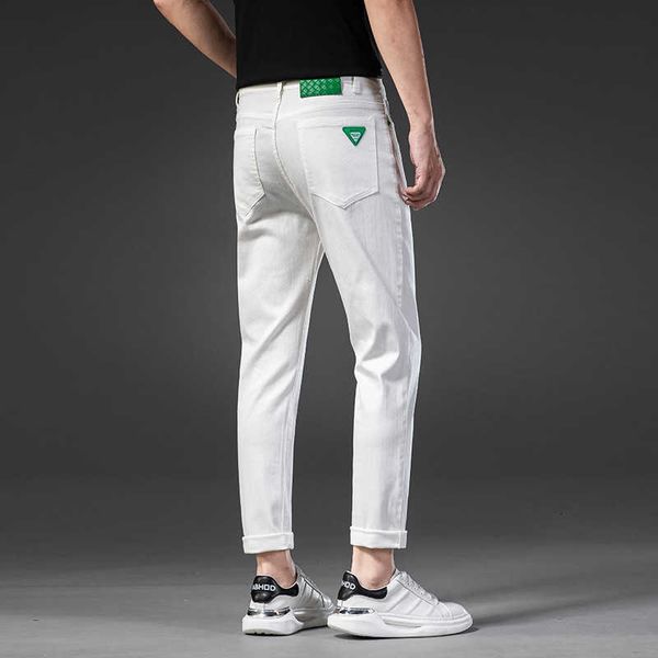 

defense three white casual pants for men's high-end cotton slim fitting small straight tube trend versatile jeans men, Blue
