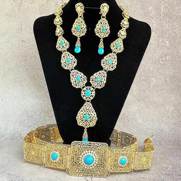 

wedding jewelry sets arab caftan for woman gold color hollow design luxury dress belt necklace earrings bride crystal 230321, Slivery;golden