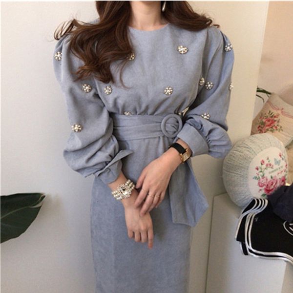 

party dresses high waist sashes spring dress for women long lantern sleeve fashion pearl beading female slim corduroy dresses vestidos 23032, White;black