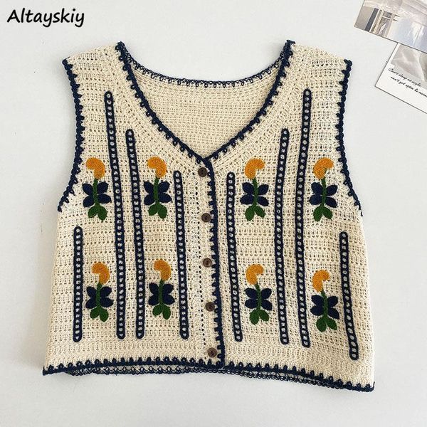 

women's vests v-neck floral embroidery vests women single breasted vintage crop chinese style loose knitted waistcoats stylish outerwe, Black;white