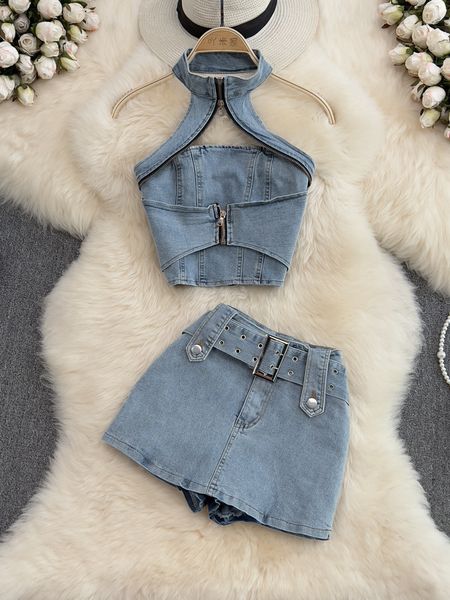 

women's two piece pants women summer denim jeans halter mini shorts skirt outfits suits backless sashes chic style bodycon high waist, White