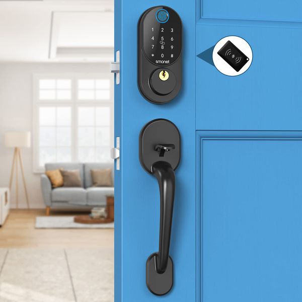 

smonet keyless entry door lock handle fingerprint smart front door handleset electronic biometric digital keypad deadbolt with fobs/code/key