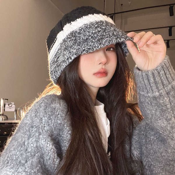 

wide brim hats autumn winter new korean stripes spell colour knitting skull cap women warm fashion casual fisherman's hat gorras para m, Blue;gray
