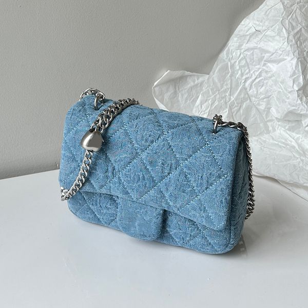 

womens classic mini flap denim camellia bags heart love crush beads valentine collection purse silver metal hardware chain crossbody shoulde