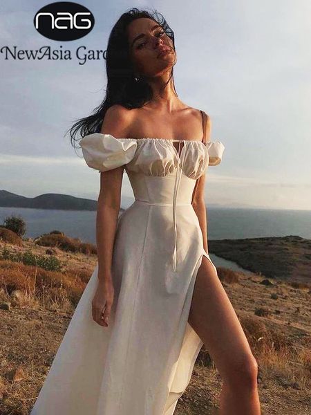 

casual dresses asia puff sleeve white off shoulder cut out tie up side split ruched long robe femme summer for women 230321, Black;gray