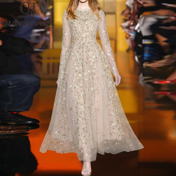 

party dresses qhz designer fashion runway maxi dress women long sleeve retro embroider mesh embroider elegant slim long dress 230322, White;black
