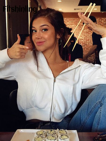 

women s hoodies sweatshirts fitshinling zip up summer women pockets slim crop jacket female clothes casual drawstring white hoody cotton coa, Black