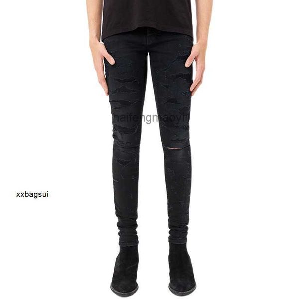 

designer jeans generation fashion brand autumn and winter used knife cutting wear hole slim fit fried street jeans men's high street, Blue