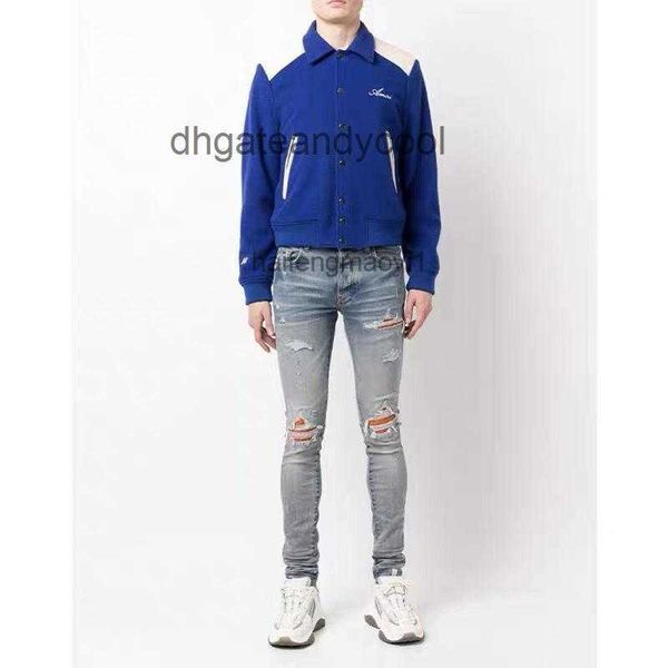 

jeans designer jean mens pant ch high street tide brand washing water used yellow mud dirty color broken hole cashew flower patch, Blue
