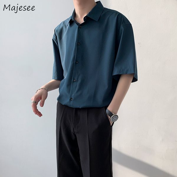 

men's casual shirts social casual business shirts men summer loose korean fashion baggy solid all-match simple streetwear camisa homme, White;black