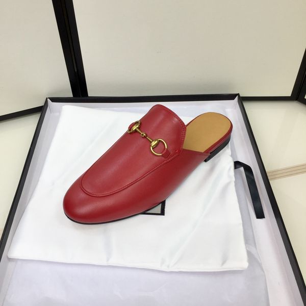 

luxury horseshoe buckle slippers embroidered casual shoes mueller shoes red sheep leather slippers strawberry slippers sandals flat indoor w, Black