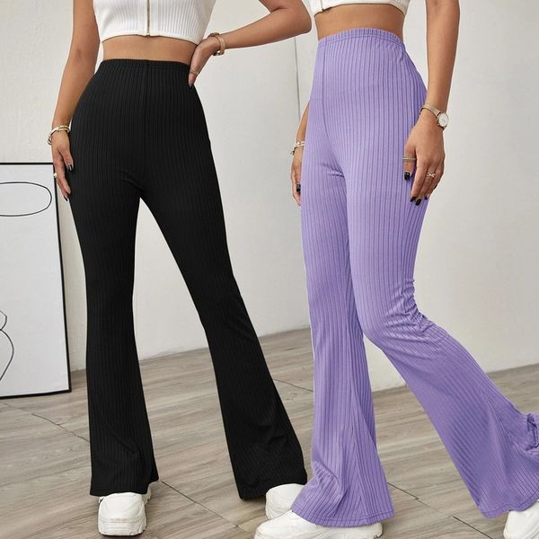 

women's pants s stretchy streetwear slim flare pant fashion autumn ribbed wide leg full high waist trousers winter g3309 230322, Black;white
