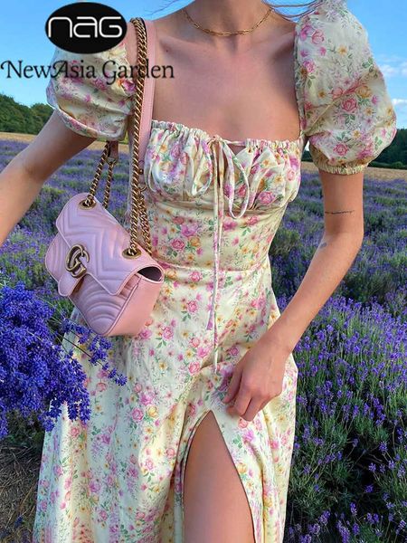 

party dresses newasia floral print dress sweet square neck puff sleeve side spilt drstring maxi for women chic casual outfits y2303, White;black