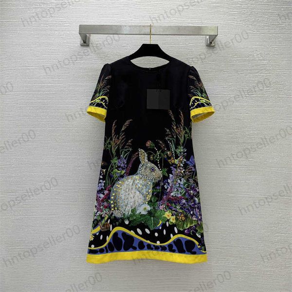 

casual dresses women designer clothing summer spring stylish loose luxury classic heavy duty studded beads diamonds rabbit floral pattern pr, Black;gray