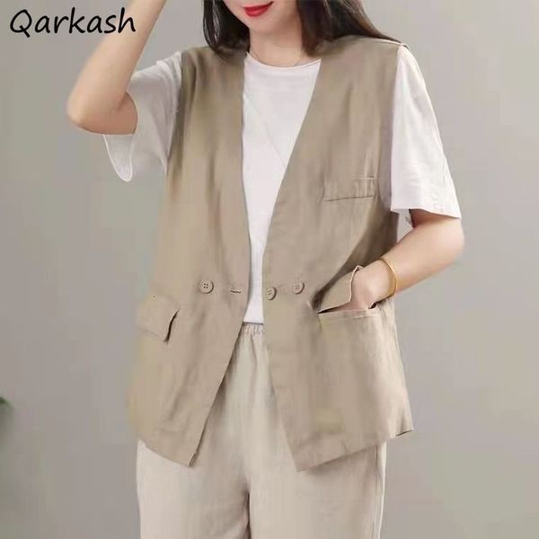 

women's vests vests women sleeveless solid feminine spring couple korean style all-match streetwear stylish students pockets v-neck 230, Black;white