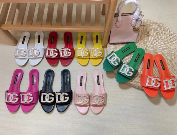 

2023 designer slide sandals women's luxury rhinestone logo leather slides flat heel eu35-43 with box holiday beach indoor outdoor, Black