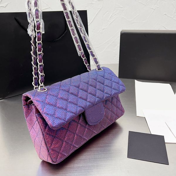 

classic double flap shiny quilted rectangle bags purple gold green white silver metal hardware matelasse crossbody shoulder designer handbag