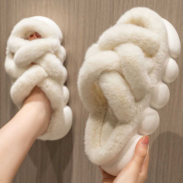 

slippers 2023 warm faux fur slippers women indoor street shoes cross strap thick sole ladies fashion slides soft female furry slipper g23032, Black