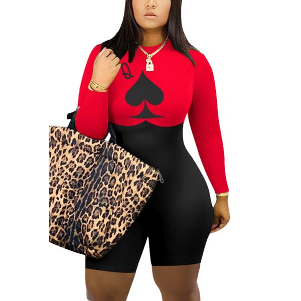

women's jumpsuits rompers autumn poker spades print jumpsuit high waist playsuit club romper womens long sleeve fashion novelity queen, Black;white