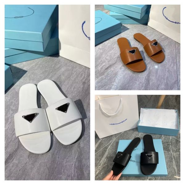

2023 summer classic womens slippers p branded metal triangle letter leather slippers flat mules loafers slippers home casual shoes women fli, Black