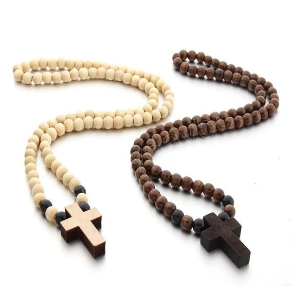 

wood beaded cross necklace men wooden bead pendant necklace mens hip hop jewelry accessories, Silver
