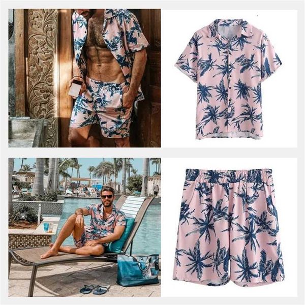 

2023 spring/summer men's leisure beach two piece fashion pink leaf short sleeve shorts set, Black