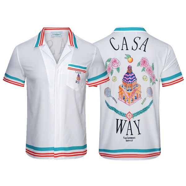 

casablanca short sleeve shirt style castle racket printed shirt printed mens high-quality designer real silk shirt size  l xl 2xl 3xl, White;black