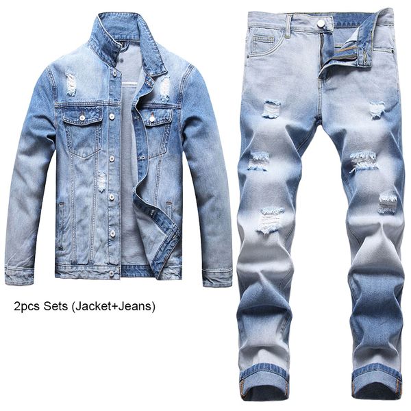 

2023 tracksuits ripped hole men's 2pcs pant sets simple light blue long sleeve denim jacket and jeans casual loose color contrast man c, Gray