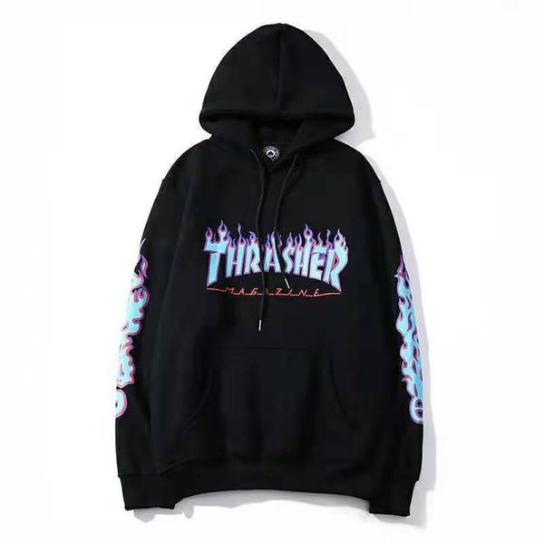 

womens hoodies sweatshirts kpop retro flame letter print hoodie korean ins harajuku bf style street hiphop loose plus velvet sweatshirt for, Black