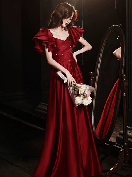 

graceful prom dresses wine red v-neck princess corset pearl flare sleeve satin a-line ruffle evening celebrity formal gowns plus size, Black