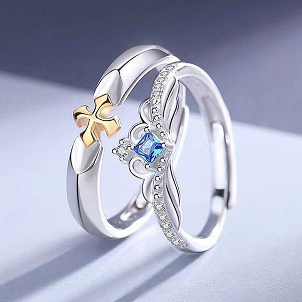 

2 pcs classic crossing crown couple rings copper plated platinum adjustable valentine's day gift men women overlap opening promise enga, Silver