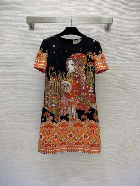 

designer long dress women summer flower print dresses shirts inlaid with diamond decoration a-line version slightly waist thin short sleeve, Black;gray
