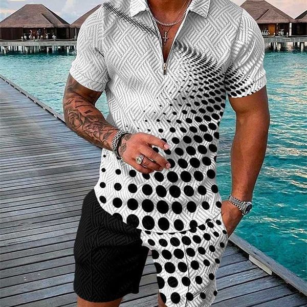 

2022 men's fashion casual polo shirt set 3d printed zipper short sleeve polo beach pants, Black