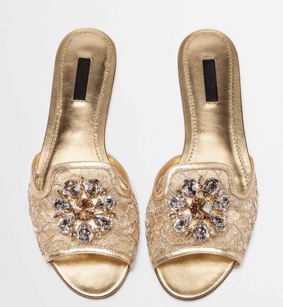 

2023 new elegant brands rainbow lace sandals slippers flats flower crystals branded leather sole slide jeweled embellishment mule casual sho, Black