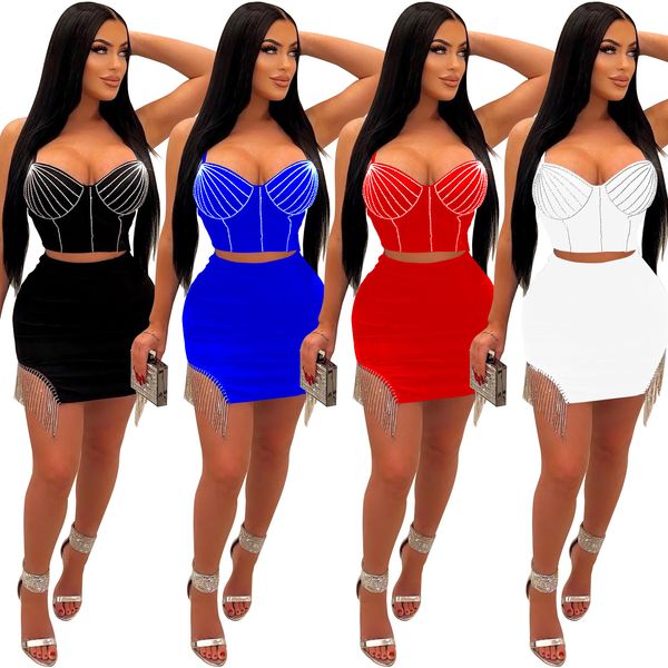 

glitter diamonds crystal skirt two 2 piece set ins women party straps crop and sequin fringed tassel skirt set, White