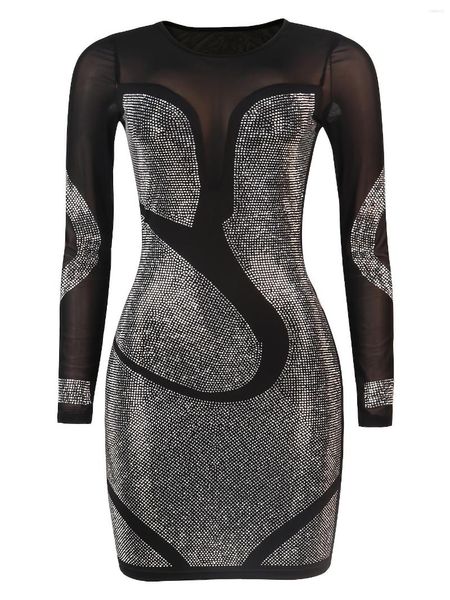 

casual dresses women's crew neck long sleeve rhinestone slim dress club birthday party elegant, Black;gray
