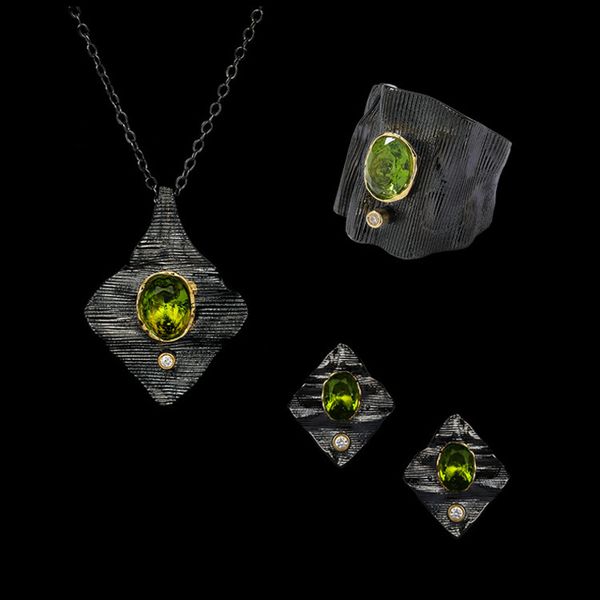 

copper base emerald ring & necklace earrings set simple style 5sets/lot, Slivery;golden