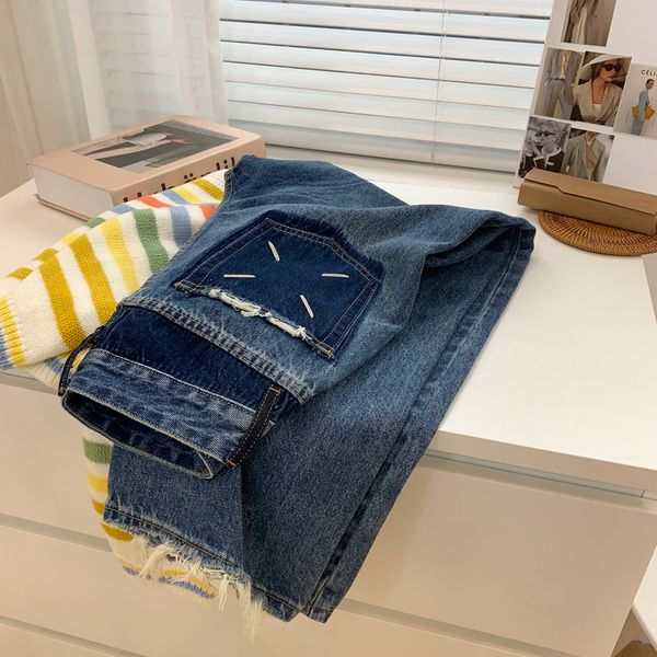 

women's jeans 2023 contrasting color stitching high waist wide leg female spring trendy tassel raw edge straight pants 230323, Blue
