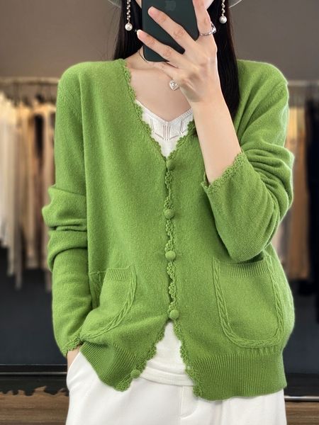 

women's knits tees spring 100 pure cashmere cardigan vneck handmade hook flower loose solid color wool knitted sweater clothing 230323, White