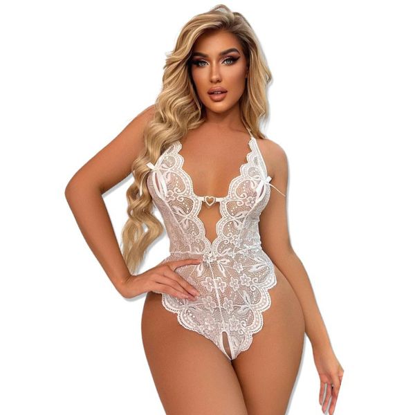 

new women's sleepwear european and american large -size lingerie new lace perspective open crotch connecting pajamas, Black;red