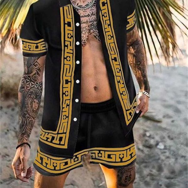 

2022 spring men's shorts casual loose beach suit short sleeve shirt, Black