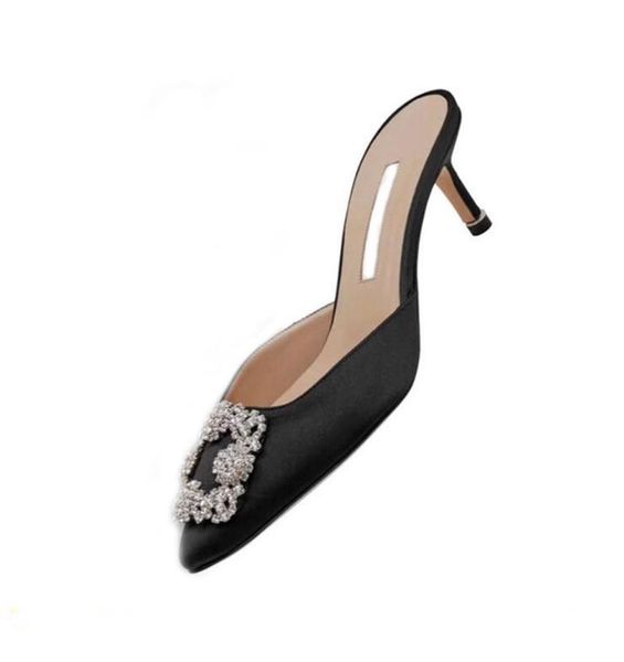 

2023 designer party silk wedding shoes bride women ladies sandals fashion dress shoes pointed toe high heels leather glitter with box, Black