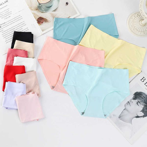 

ladies one piece mid waist underwear panties panty woman soft seamless brief ice silk, Black;pink
