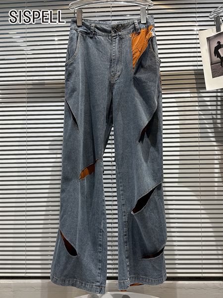 

women's jeans sispell individuality hollow out for women high waist spliced pockets hit color denim wide leg pants female clothing styl, Blue