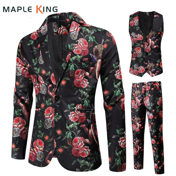 

men's suits blazers highend rose flower printing mens floral jackets vest pants wedding party slim fit men dress set plus size 230323, White;black
