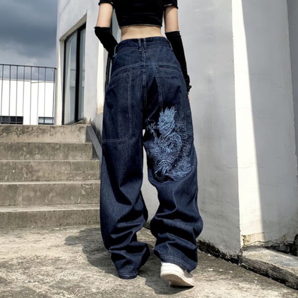 

women's jeans retro street loose chinese dragon embroidery straight jeans daddy pants allmatch high waist mopping wide leg trouser 2303, Blue